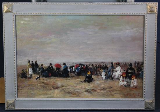 Roberto Le Rossett Edwardian beach scene, 19.5 x 29.5in.